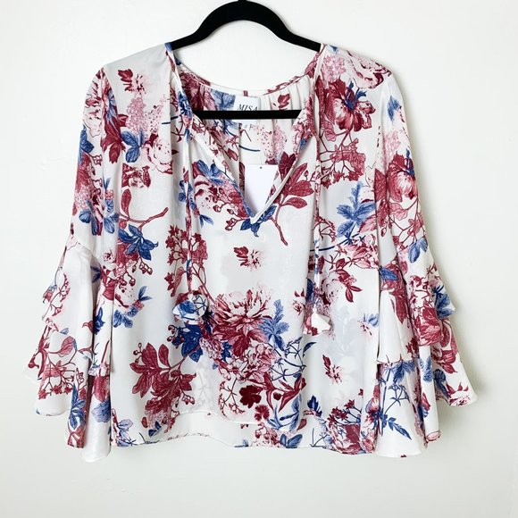 NEW MISA floral print bell sleeve swing v-neck blouse small - Picture 1 of 5